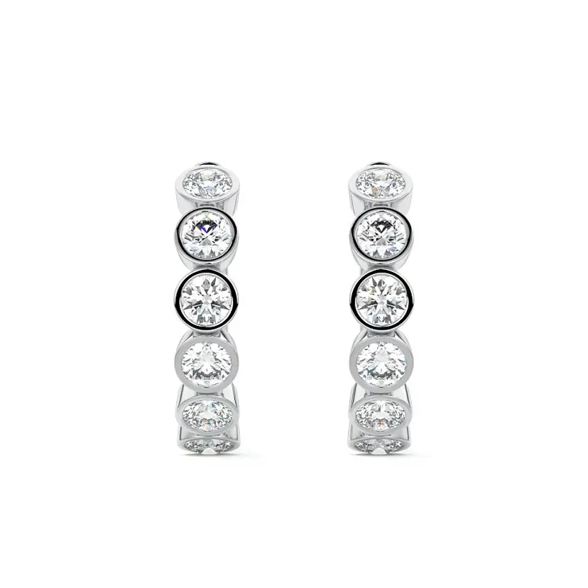 Bezel Diamond round Hoop Earrings 14K WHITE GOLD - Image 2