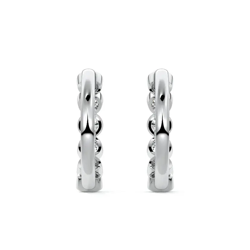 Bezel Diamond round Hoop Earrings 14K WHITE GOLD - Image 3