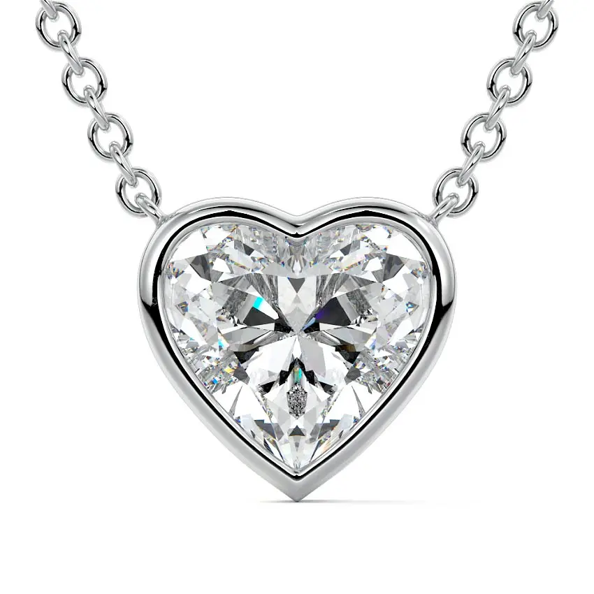 Bezel Diamond Heart Pendant Necklace 14K WHITE GOLD - Image 2