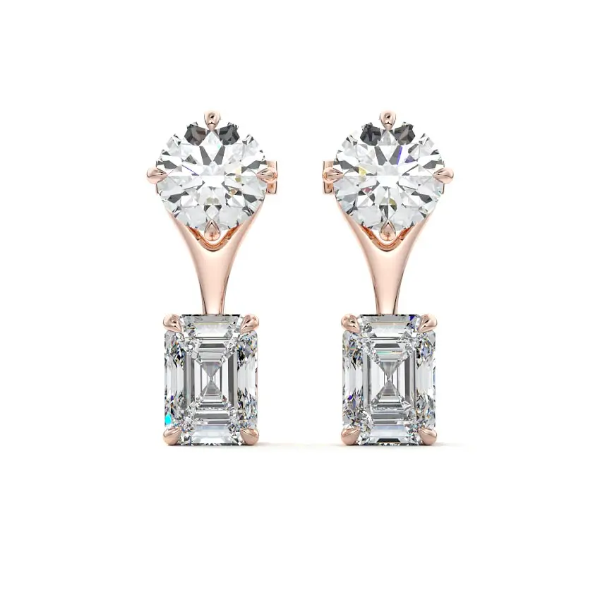Solitaire Diamond Stud & Emerald Ear Jacket 14K ROSE GOLD - Image 4