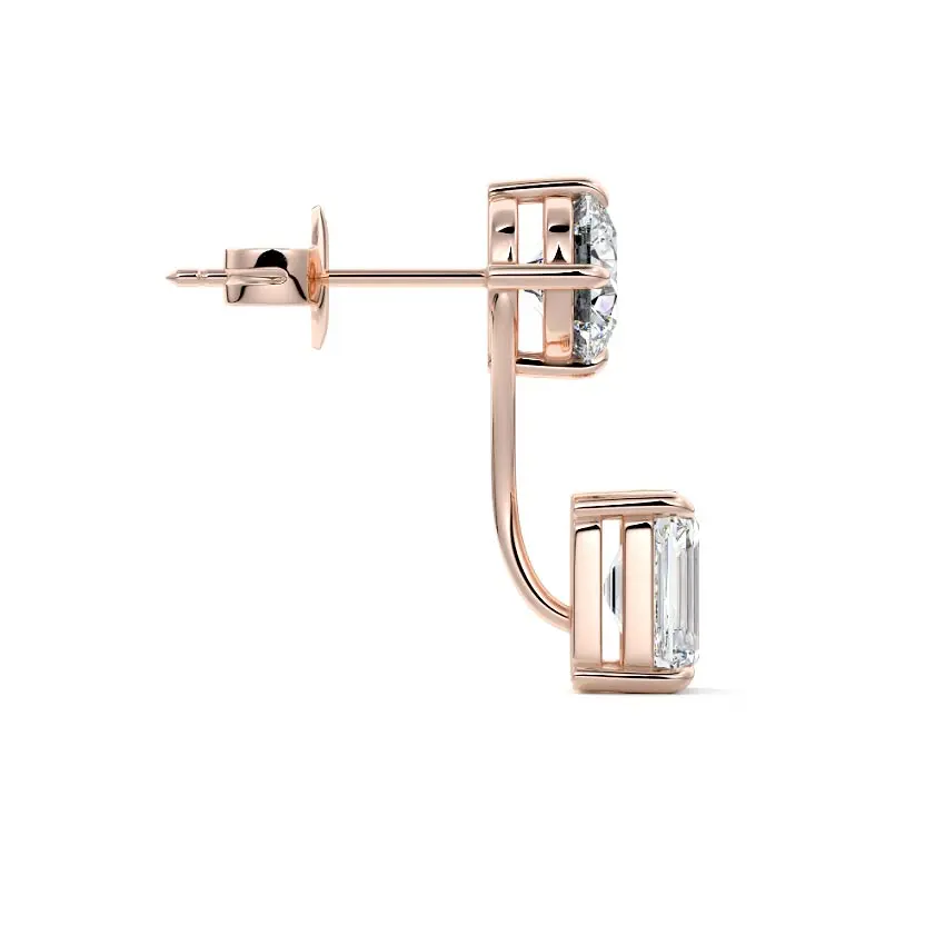 Solitaire Diamond Stud & Emerald Ear Jacket 14K ROSE GOLD - Image 3