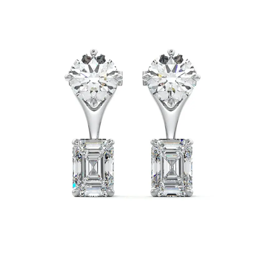 Solitaire Diamond Stud & Emerald Ear Jacket 14K WHITE GOLD - Image 2